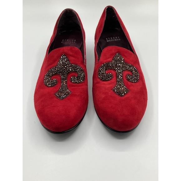 Stuart Weitzman Lys Scarlet Suede Fleur De Lis Red Flats Loafers sz‎ 7 - Picture 1 of 15